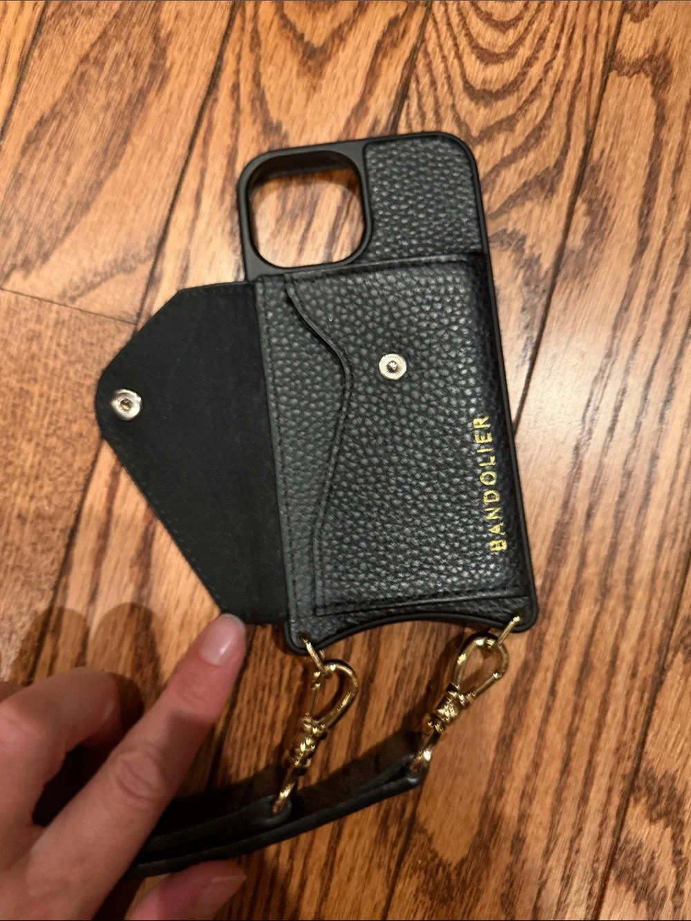 Bandolier Black Gold Leather Crossbody Phone Case Card Pocket for iPhone 13 mini